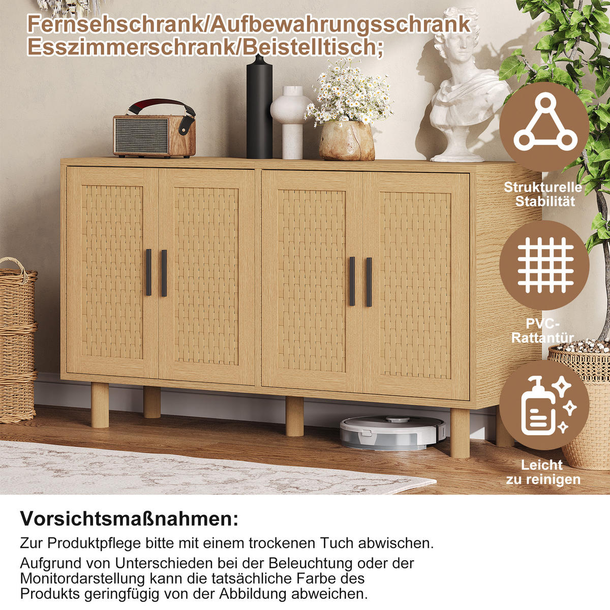 SIDEBOARD Rattan mit Türen aus Cannage, Buffetschrank verstellbare Einlegeböden, Holzoptik Natur - Naturfarben, Holz (40/80/140cm) - PARAFTA HOME