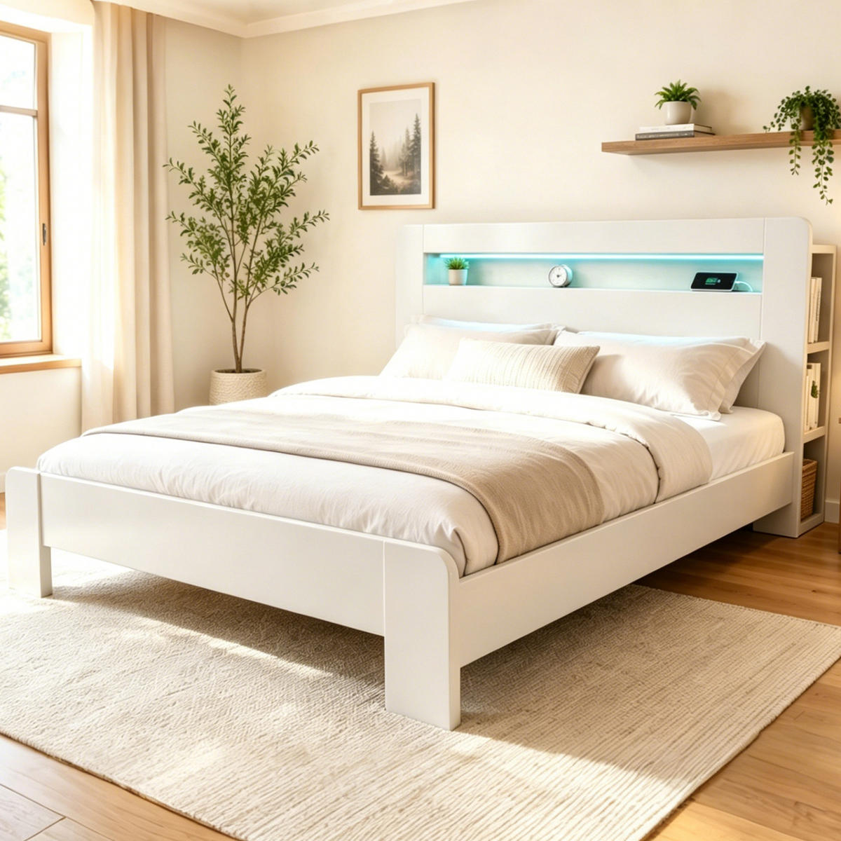 RAHMENBETT 180/200 cm in Weiß mit Stauraum, LED und Steckdosen - Weiß, Holz/Holzwerkstoff (180/200cm) - WISHDOR
