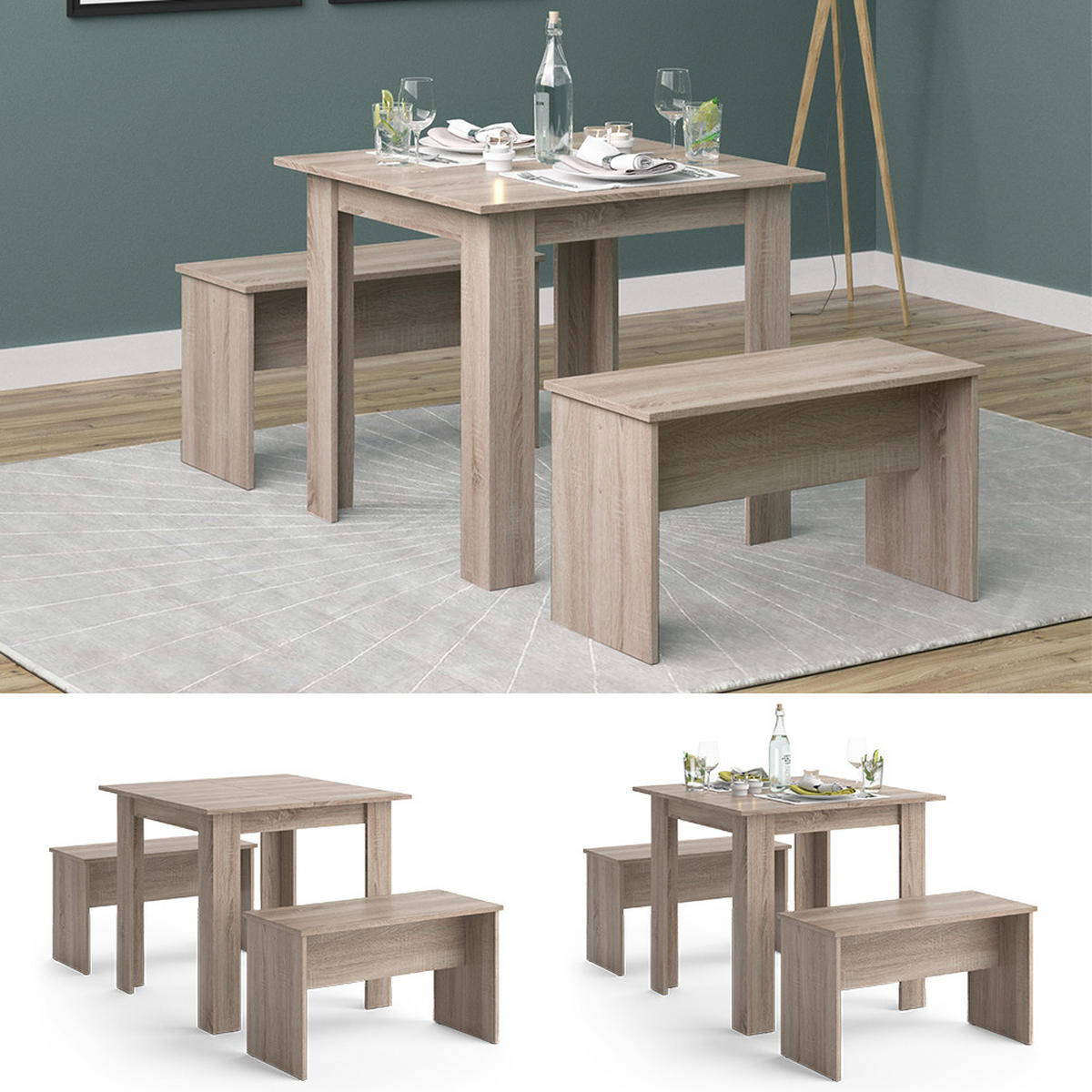 ESSTISCH SET Sentio Sonoma 80 x 80 cm mit 2 Bänken - Sonoma Eiche, Holzwerkstoff (80/73/80cm) - Vicco