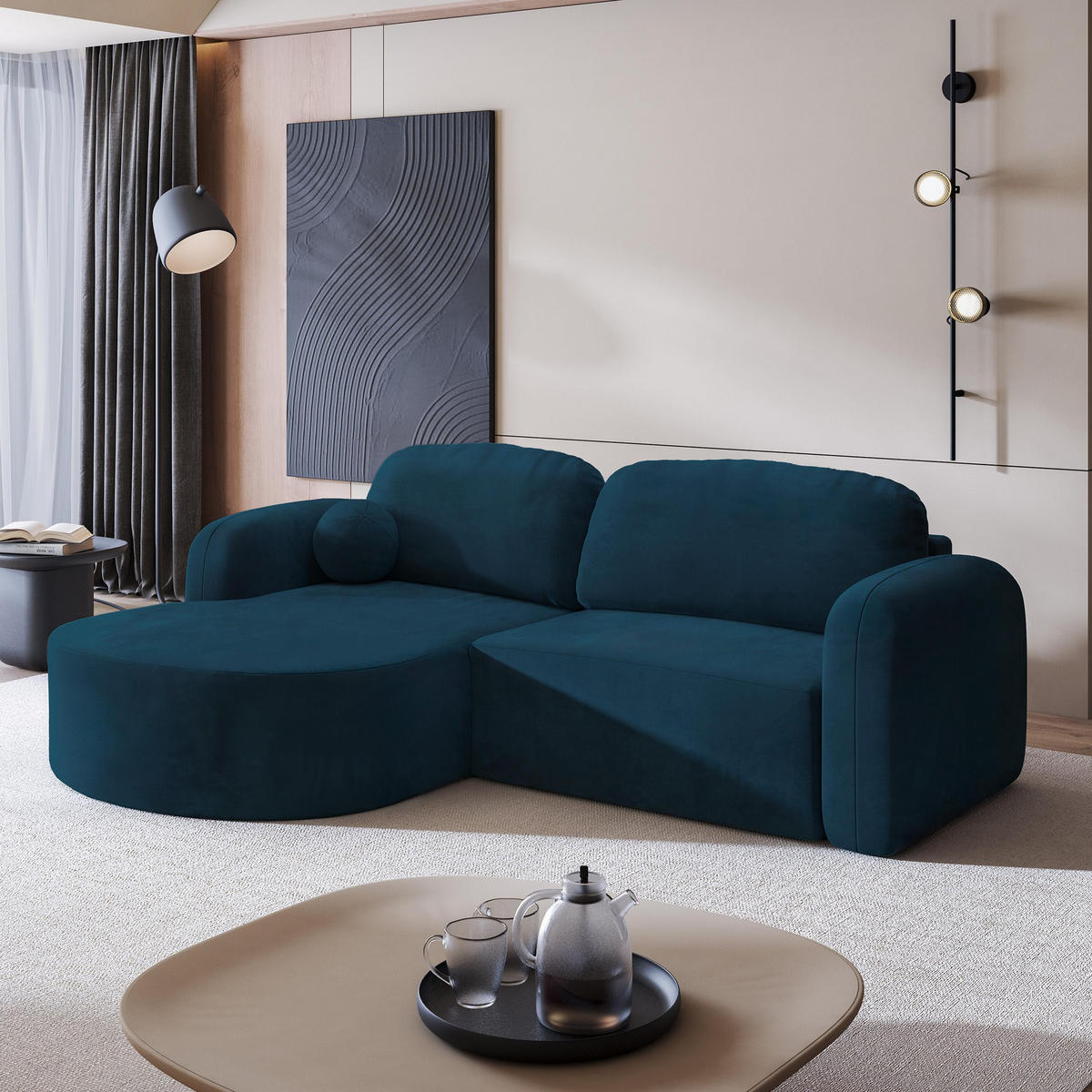 ECKSOFA AMILIA M L-S Blau Velours-Stoff mit Schlaffunktion - Blau, Holz (263/174cm) - MASSENO
