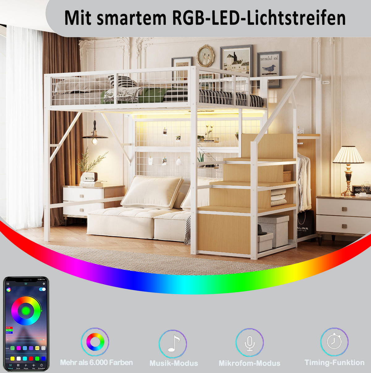 HOCHBETT aus Metall und MDF 140x200 cm Weiß mit app-gesteuerter LED-Beleuchtung, Stauraumtreppe und Kleiderschrank - Weiß, Metall (140/200cm) - Modfu