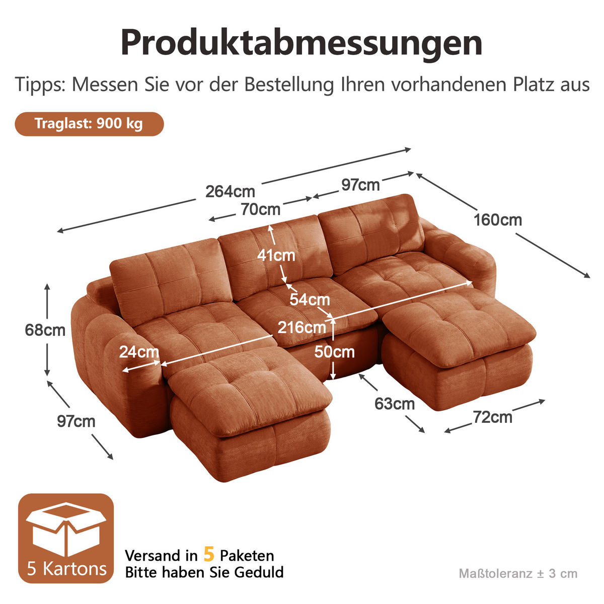 WOHNLANDSCHAFT DE-34464 U-Form mit 2 Ottomanen Orange - Orange, Textil (160/68/264cm) - ComfortXL