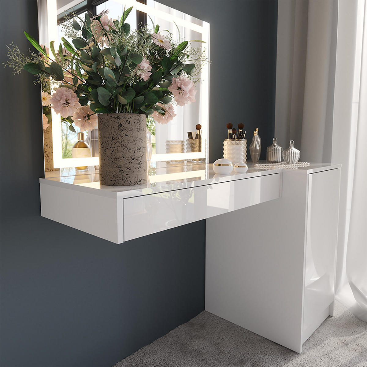 SCHMINKTISCH Sherry Weiß/Weiß Hochglanz 120 cm 3 Teile - Weiß Hochglanz, Holzwerkstoff (120/76/50.1cm) - Vicco
