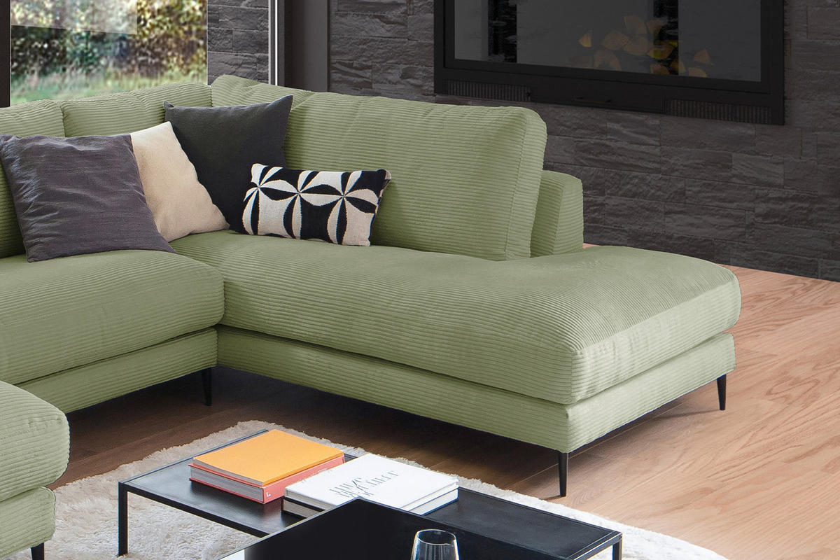 WOHNLANDSCHAFT CARA Grün Cord - Schwarz/Grün, Textil (341/84/223cm) - KAWOLA