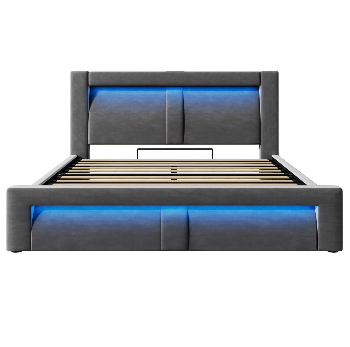 SAMT-POLSTERBETT 160/200 cm mit Bettkasten, LED-Beleuchtung und gepolstertem Kopfteil - Grau, Textil (160/200cm) - BEAOK
