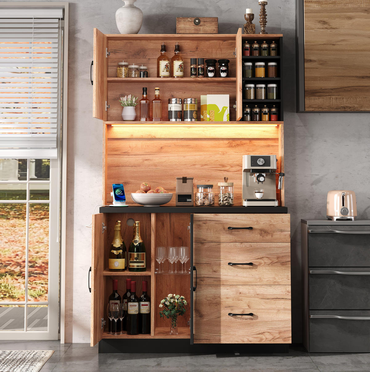 KÜCHENHOCHSCHRANK mit LED und Steckdose MDF Neutral - Braun, Holzwerkstoff (40/180/105cm) - Meubliv