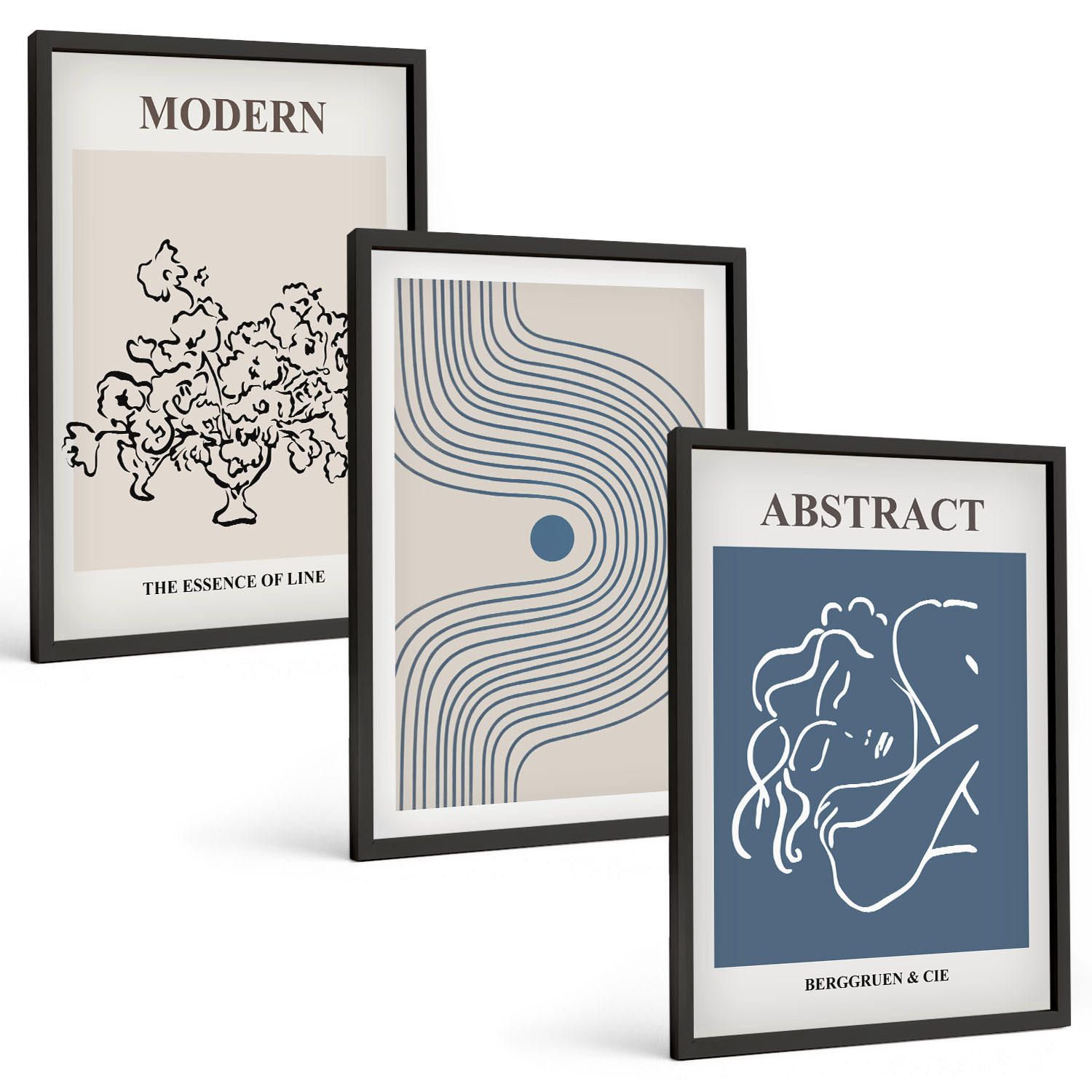 BILDER SET 3er Set - 40x60 cm Schwarzer Rahmen - abstrakte Poster mit Blumenlinien - Schwarz, Kunststoff (40/60cm) - TULUP