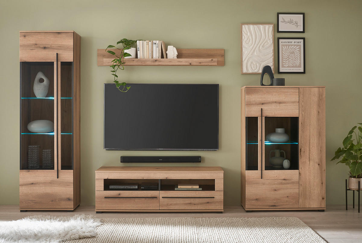 HIGHBOARD Eiche Evoke, Anrichte 90 cm mit Beleuchtung - Eichefarben/Schwarz, Glas/Holzwerkstoff (90/140/37cm) - Furn.Design