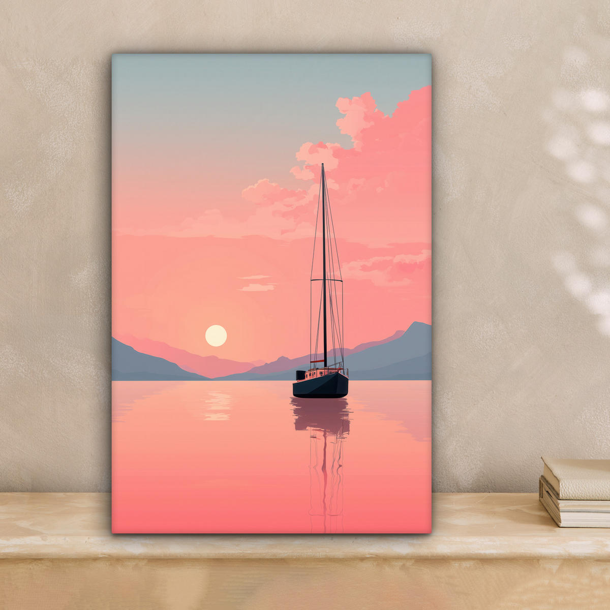 LEINWANDBILD Segelboot - Rosa Meer - Sonnenuntergang - Berge Deko Wohnzimmer 20x30 cm - Rosa, Textil (20/30cm) - MuchoWow