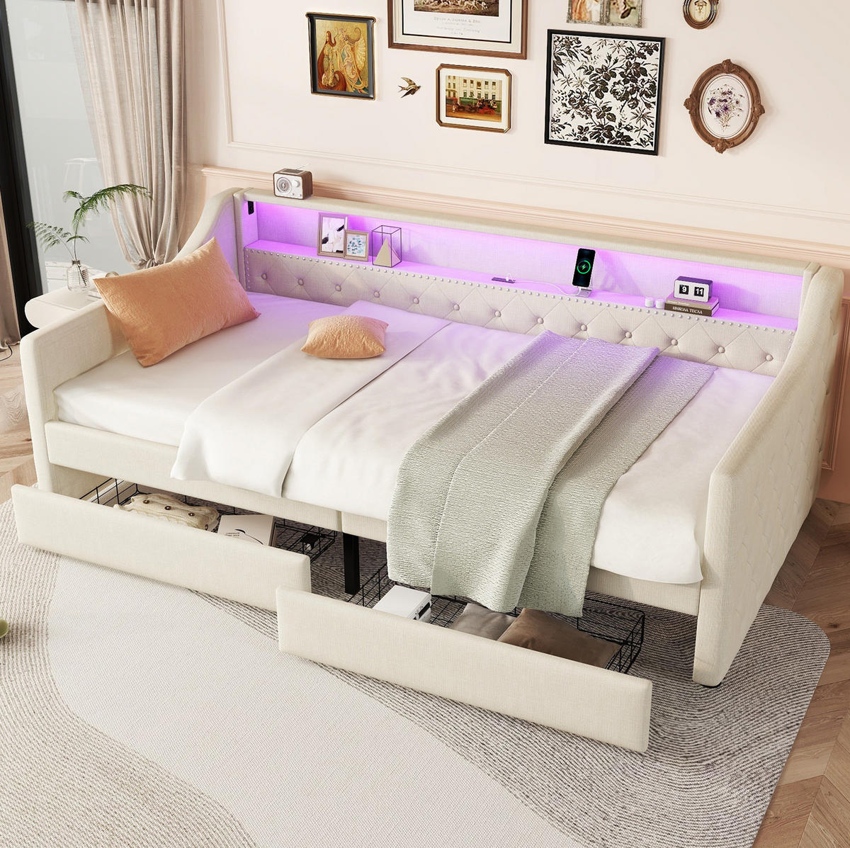 POLSTERBETT 90/200 cm Beige mit LED-Beleuchtung, USB-Anschluss und 2 Schubladen - Beige, Textil (90/200cm) - Flora Grace