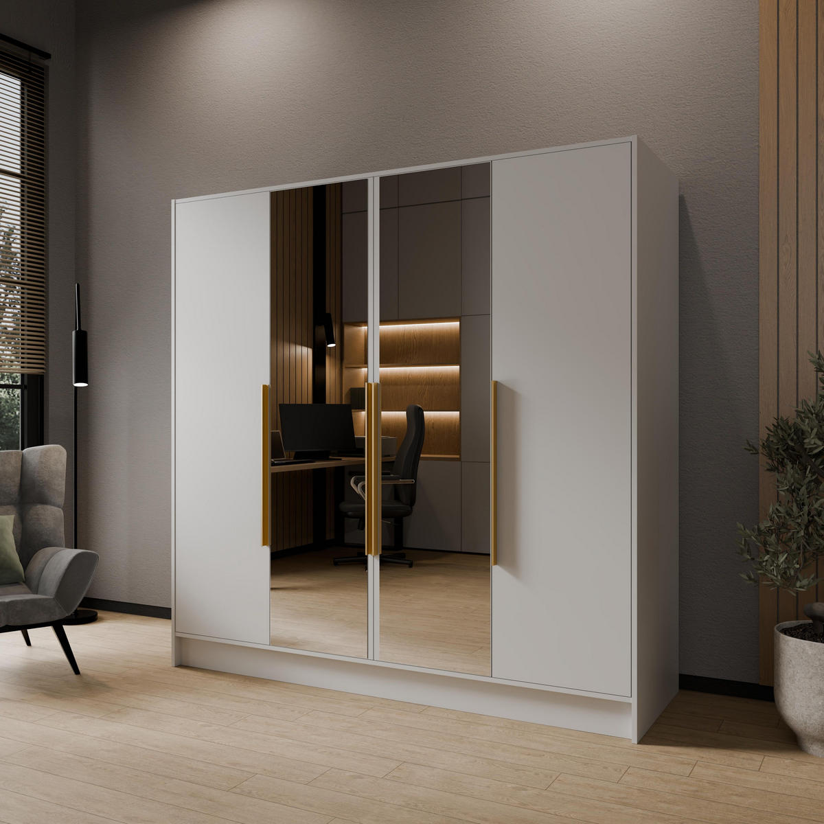 DREHTÜRENSCHRANK RENVO 200/200/51 cm Modern Kleiderschrank 4-türig mit Spiegel Weiß - Weiß, Holzwerkstoff (200/200/51cm) - MASSENO