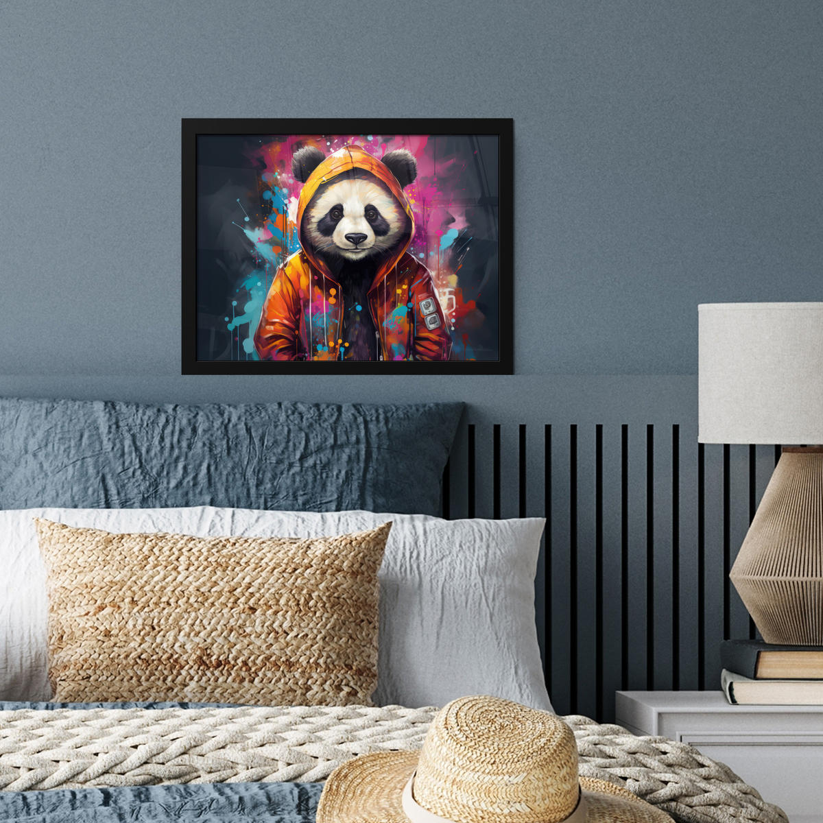 POSTER MIT RAHMENGERAHMTES BILD Panda - Jacke - Graffiti - Orange 40x30 cm - Orange, Papier (40/30cm) - MuchoWow