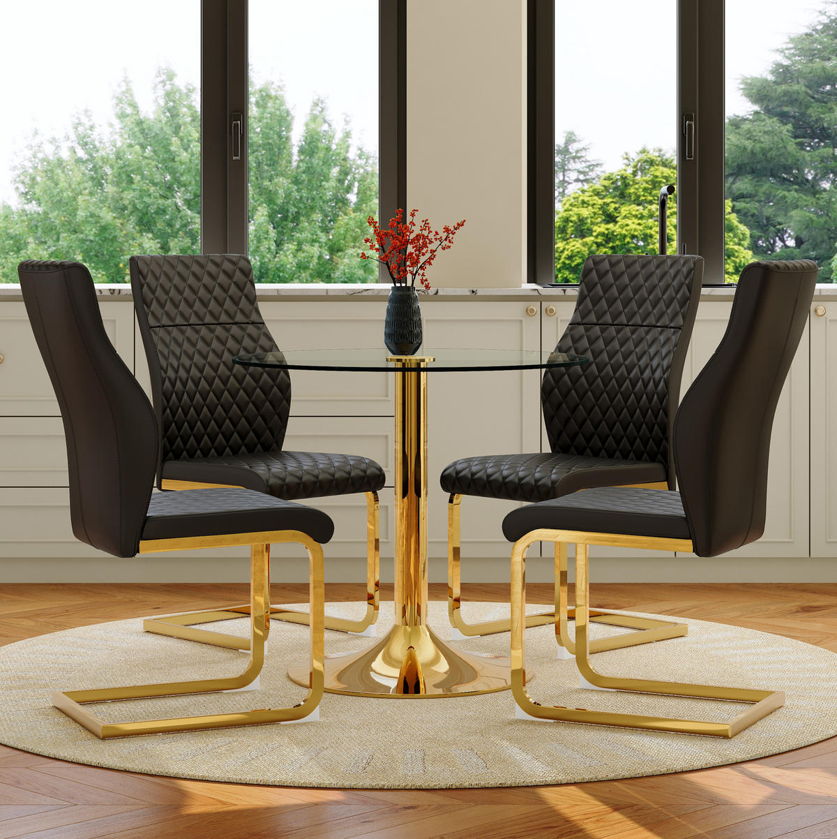 ESSZIMMER-SET mit Glastisch 5-tlg. 85 cm Schwarz/Gold - Schwarz, Metall (85/76/85cm) - Meubliv