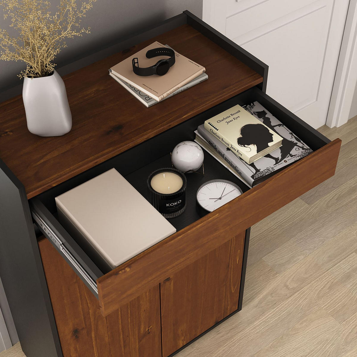 SCHUHSCHRANK TILO schwarz/Kastanie - Kastanienfarben/Schwarz, Holz (74/114/35cm) - IDIMEX