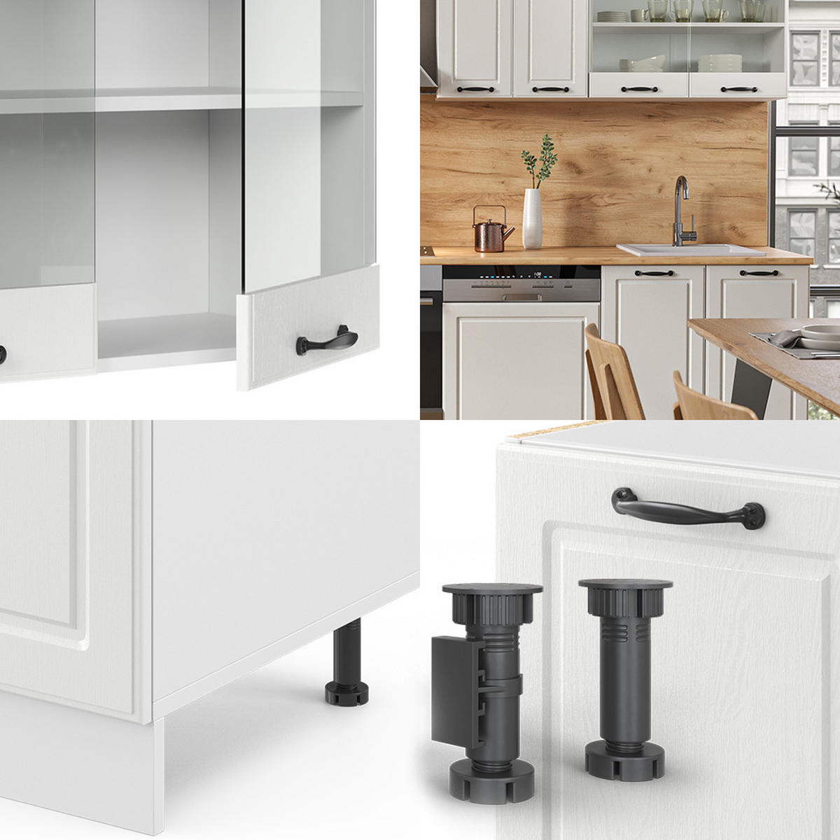 KÜCHENZEILE R-Line Weiß Landhaus/Weiß 300 cm ohne AP - Creme/Weiß, Holzwerkstoff (300/81.6/46cm) - Vicco