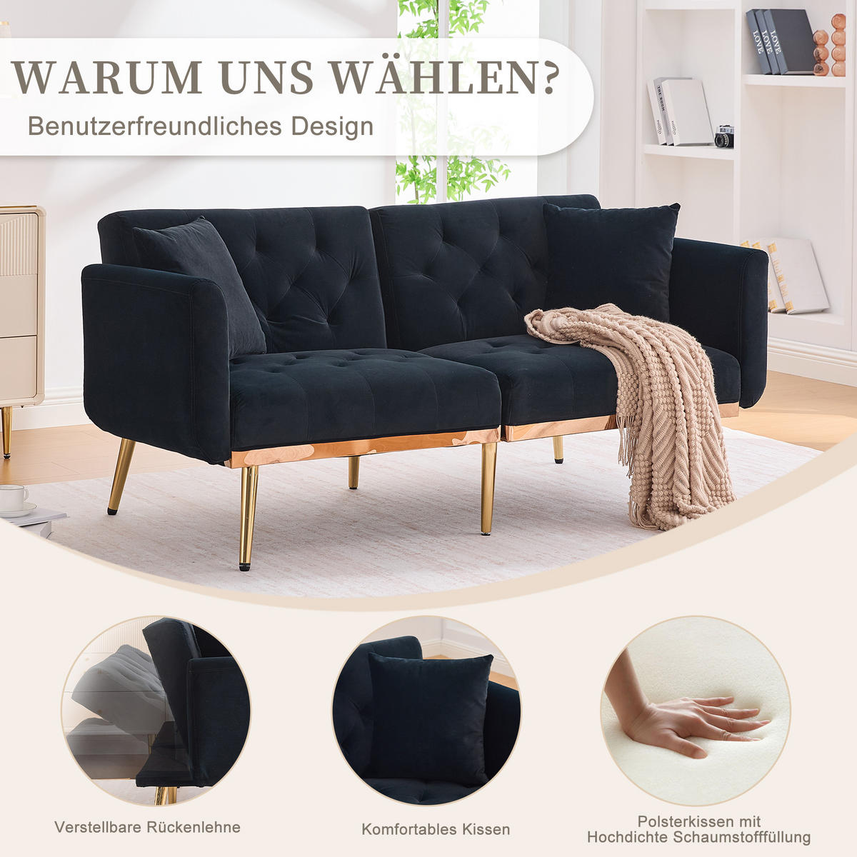 2-SITZER Schlafsofa Samt mit 3-fach verstellbarer Rückenlehne Schwarz 165/72,5/75 cm - Schwarz, Textil (72.5/75/165cm)