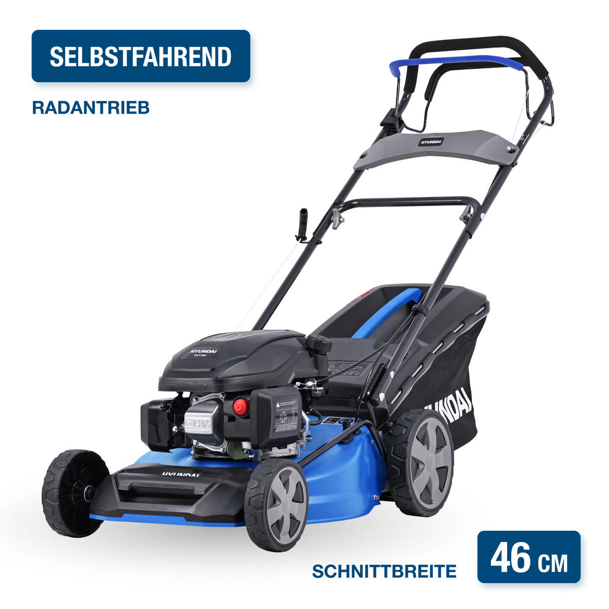 BENZIN-RASENMÄHER LM4622G (Mulcher/Mäher mit Radantrieb, 3.9 PS Hyundai Motor) - Blau, Metall (52.8/105/138.3cm) - HYUNDAI