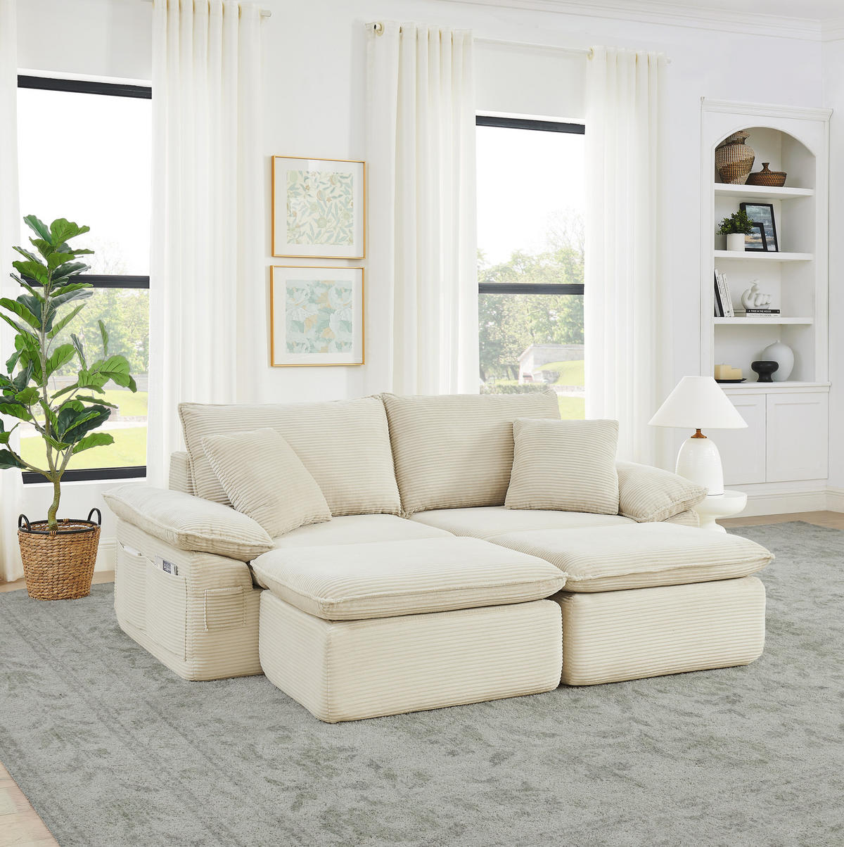 2-SITZER sofa 156/206/65 cm beige aus Stoff mit Fußstütze und Seitentaschen - Beige, Textil (206/65/156cm) - OKWISH