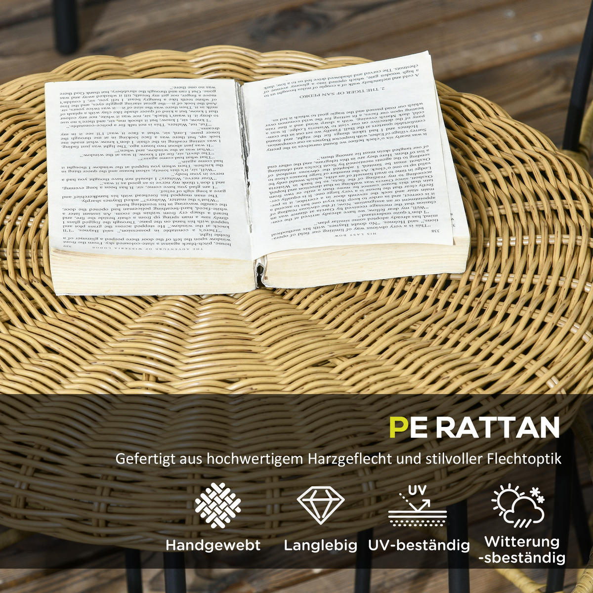 RATTAN Beistelltisch 2er-Set, für Garten, Balkon, Stahl, Khaki - Naturfarben, Kunststoff (58/58/53cm) - Outsunny