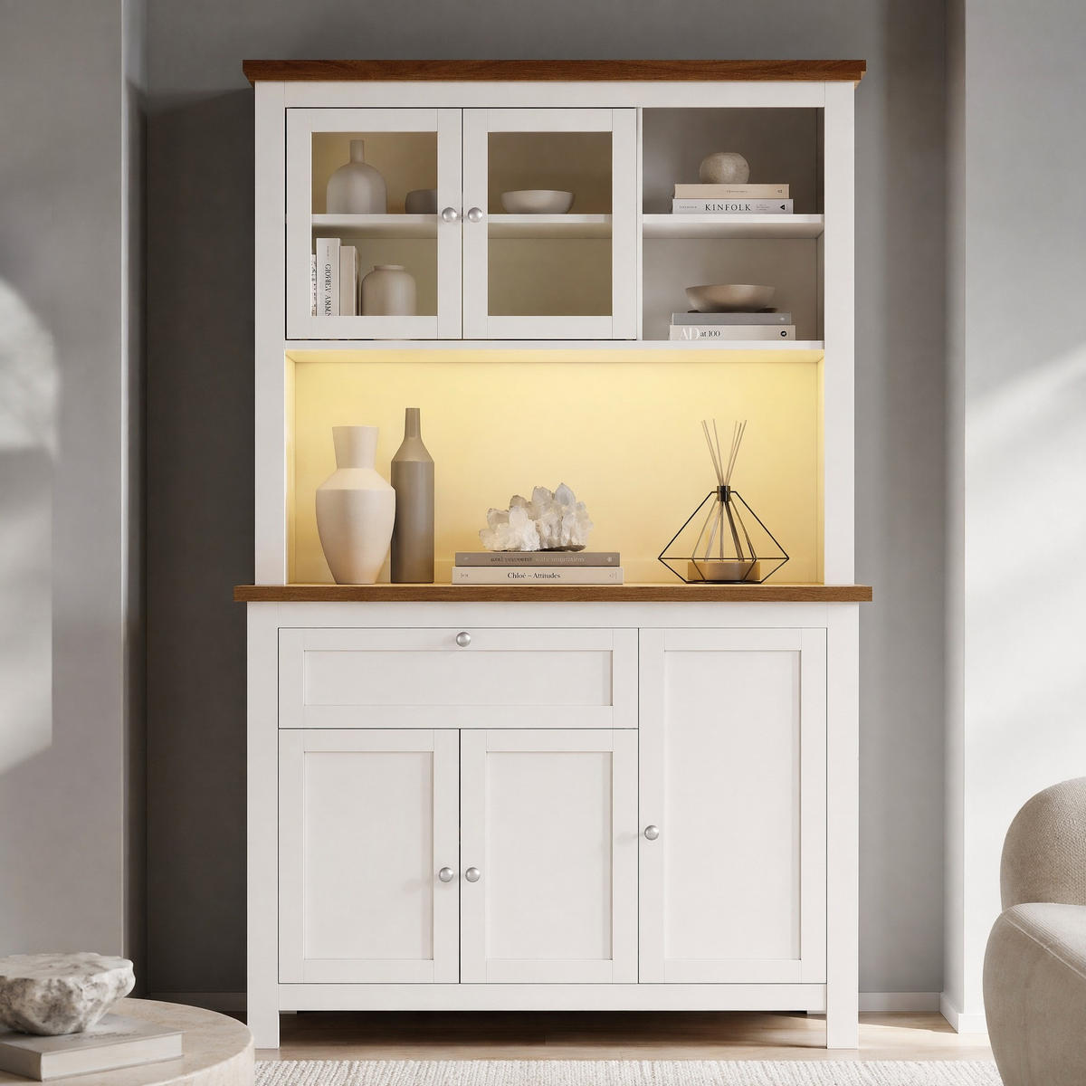 KÜCHENSCHRANK in Weiß Buffetschrank mit LED-Beleuchtung und verstellbaren Ablagen für Küche, B104/T40/H180 cm - Transparent/Weiß, Glas/Holzwerkstoff (104/180/40cm) - STILVORA