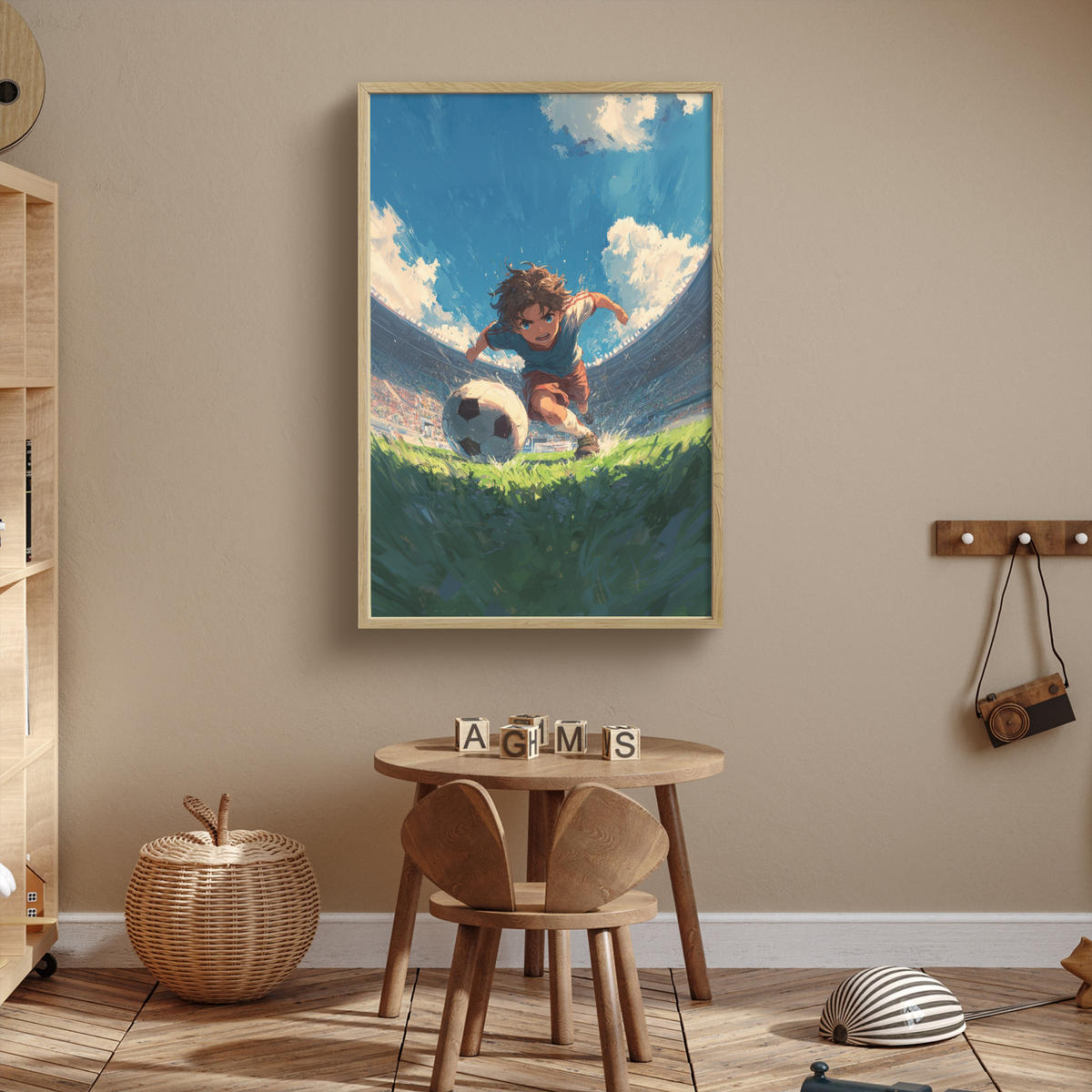 NACHTTISCHLAMPE MIT AKKU Stadion - Fußballer - Ball 70x100 cm - Blau, Holzwerkstoff (8/70/100cm) - OnlyWow