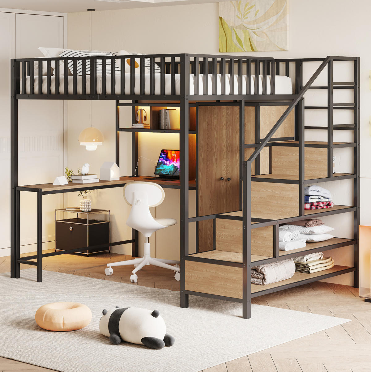 HOCHBETT 140/200 cm aus Metall/MDF mit Schreibtisch, Kleiderschrank, LED und Ladefunktion Schwarz - Schwarz, Metall (140/200cm) - Modenvie