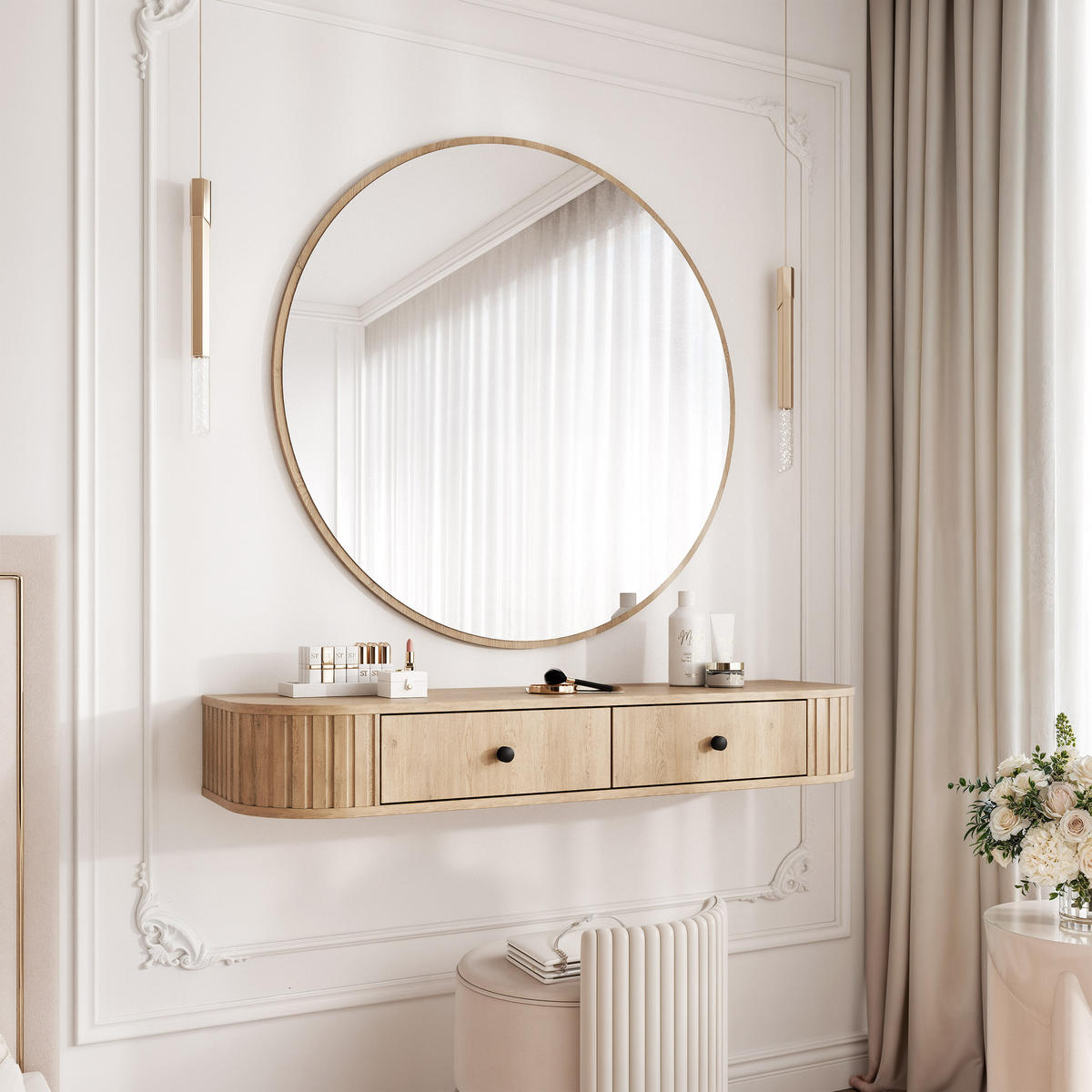 SCHMINKTISCH OVALINE mit Spiegel, 123 cm Cremona-Eiche - Eichefarben/Goldfarben, Holzwerkstoff/Metall (123/17.5/36cm) - Idohome