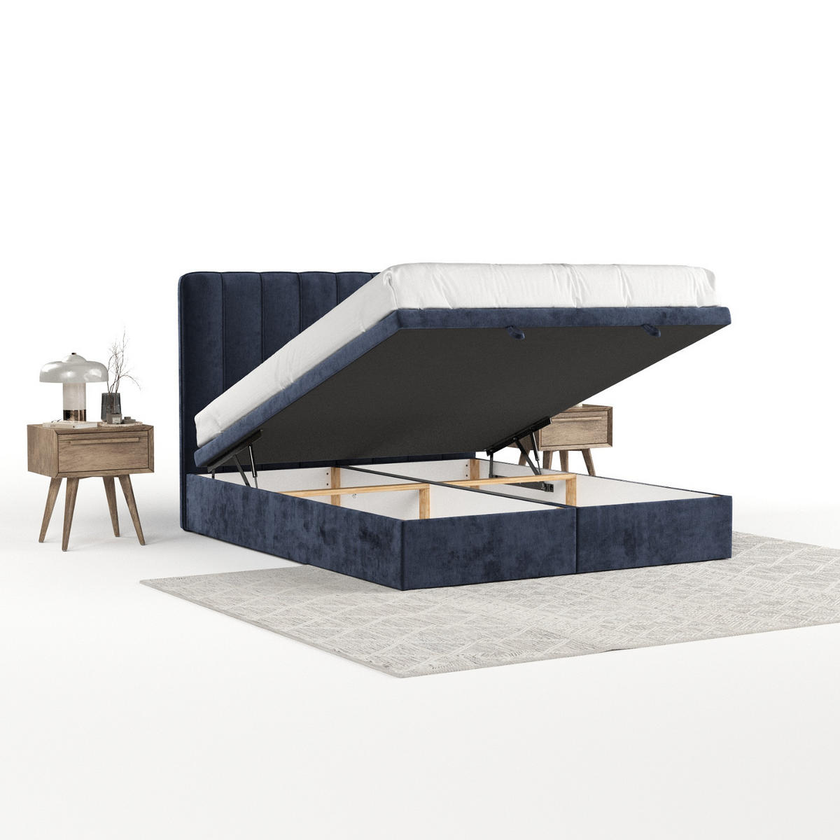 POLSTERBETT Vienna mit Stauraum 140/200 cm Marineblau im Lotta Stoff - Schwarz/Dunkelblau, Holz/Holzwerkstoff (140/200cm) - AltaBeds