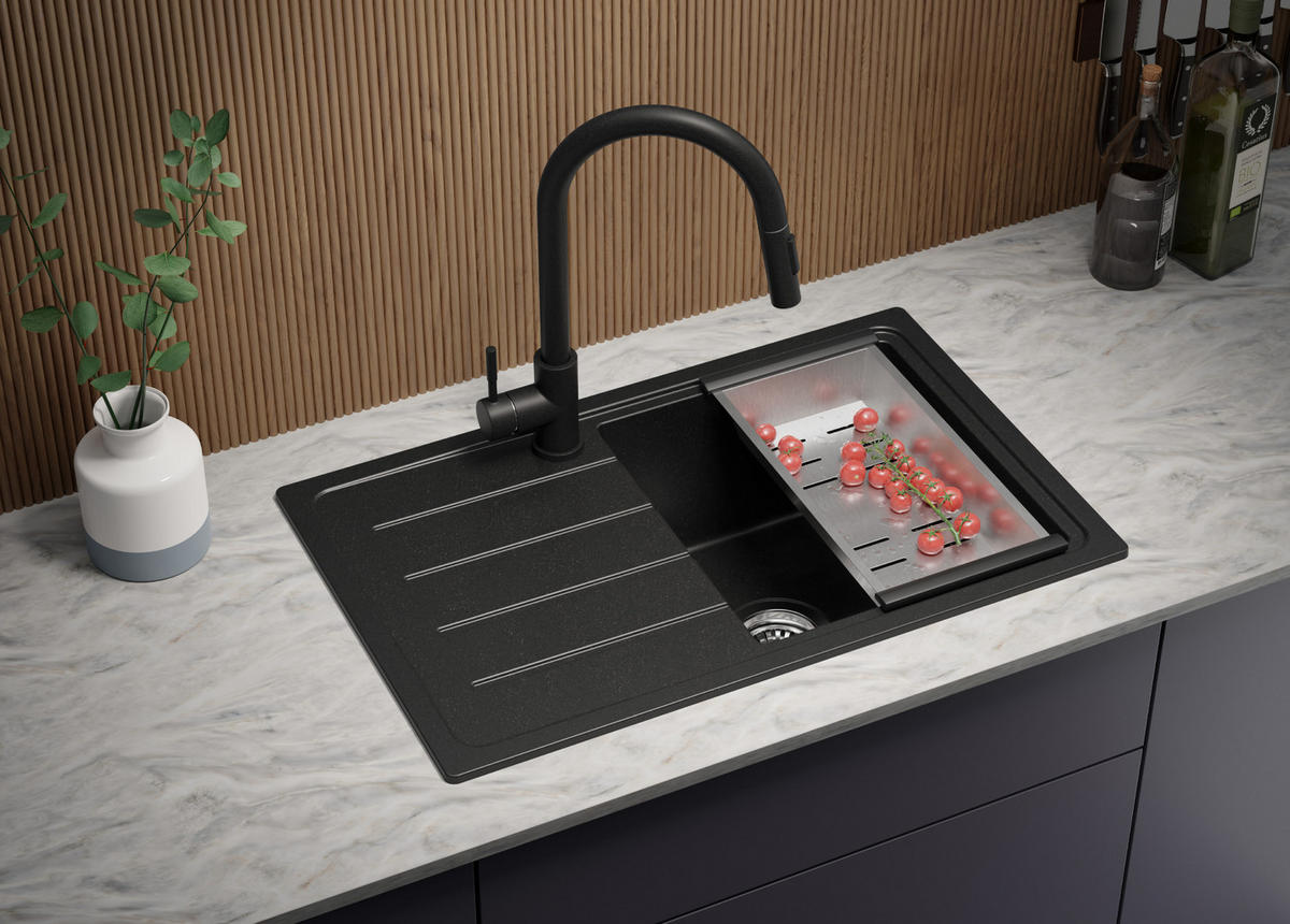 GRANITSPÜLE Kopenhagen Easy, 2-er set Schwarz 70/44 cm 1 Becken + Küchenarmatur 32/20 cm + Ablauf-Set ab 45er Unterschrank - Chromfarben/Schwarz, Kunststoff (70/20/44cm) - Primagran