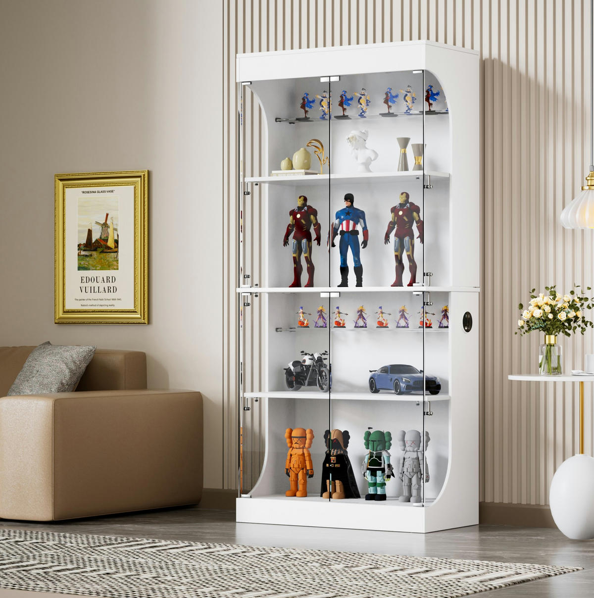 VITRINE 80/35/165 cm mit LED-Beleuchtung, Bewegungssensor, USB-/USB-C-Ladestation und Glastüren, Weiß - Weiß, Holzwerkstoff (80/165/35cm) - Redom