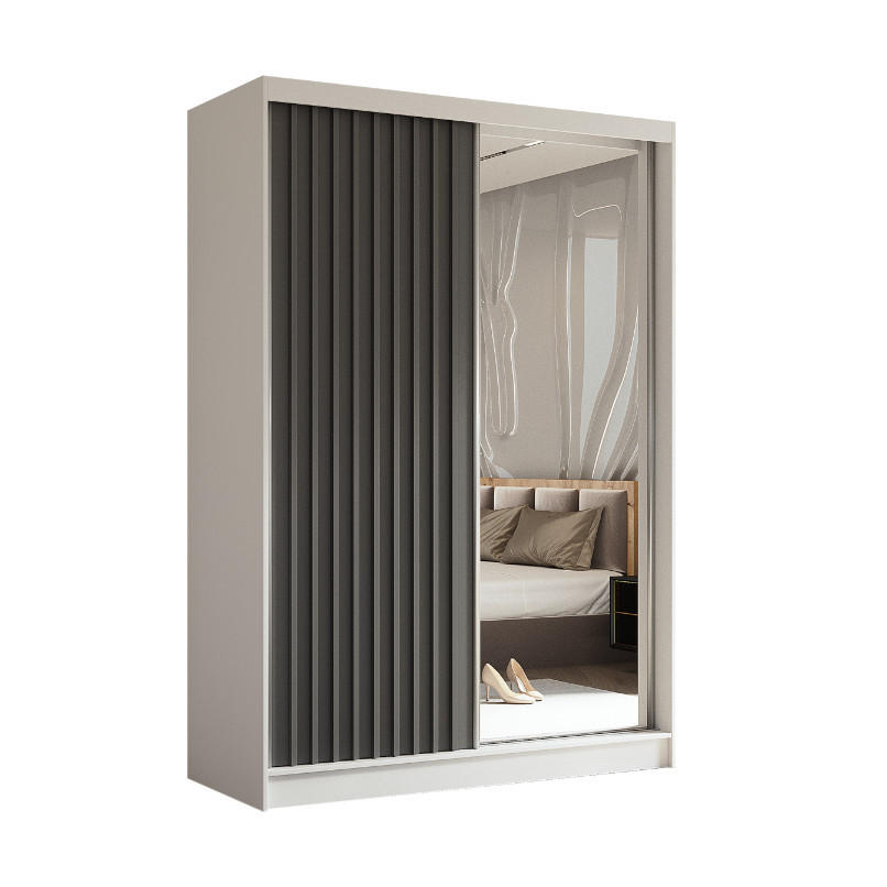 SCHWEBETÜRENSCHRANK Erika 150 cm mit Lamellen und Spiegel 2-türig, weiß, grau, Lamelle grau - Weiß/Grau, Kunststoff (150/216/51cm) - Margaret Hadas24