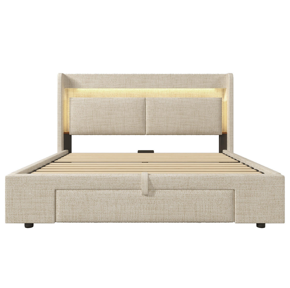 POLSTERBETT 160/200 cm mit Bettkasten, LED und USB-Anschluss, Beige - Beige, Textil (160/200cm) - BEAOK