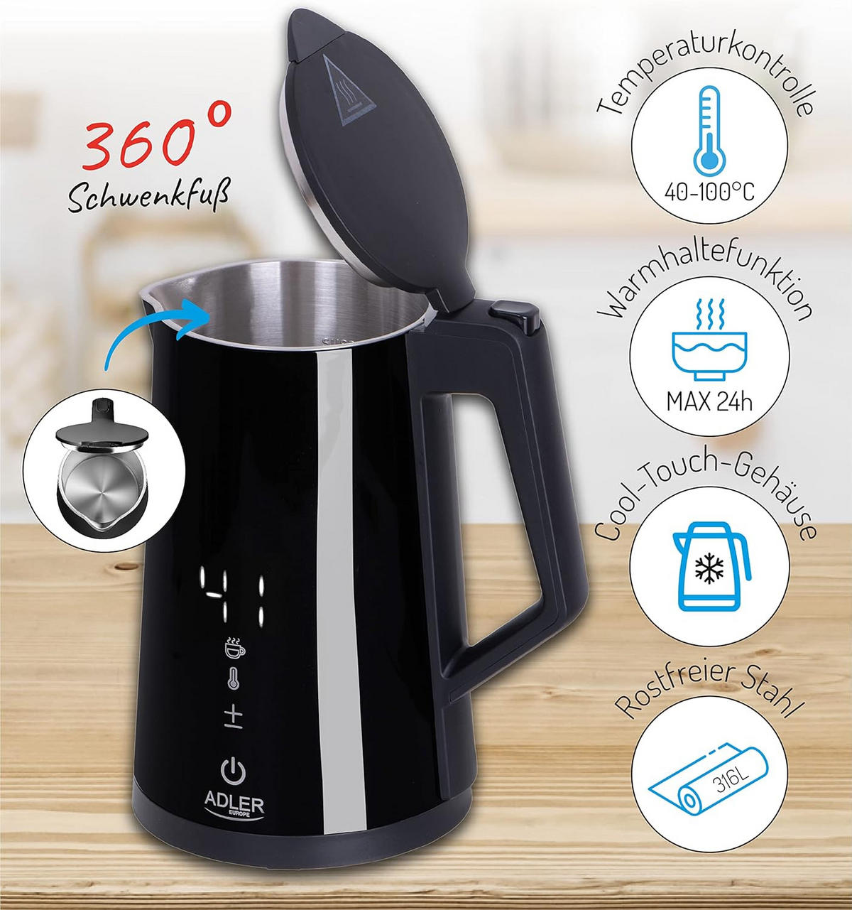 WASSERKOCHER AD1345S Premium Schwarz - Schwarz, Kunststoff (22/26/16cm) - Adler