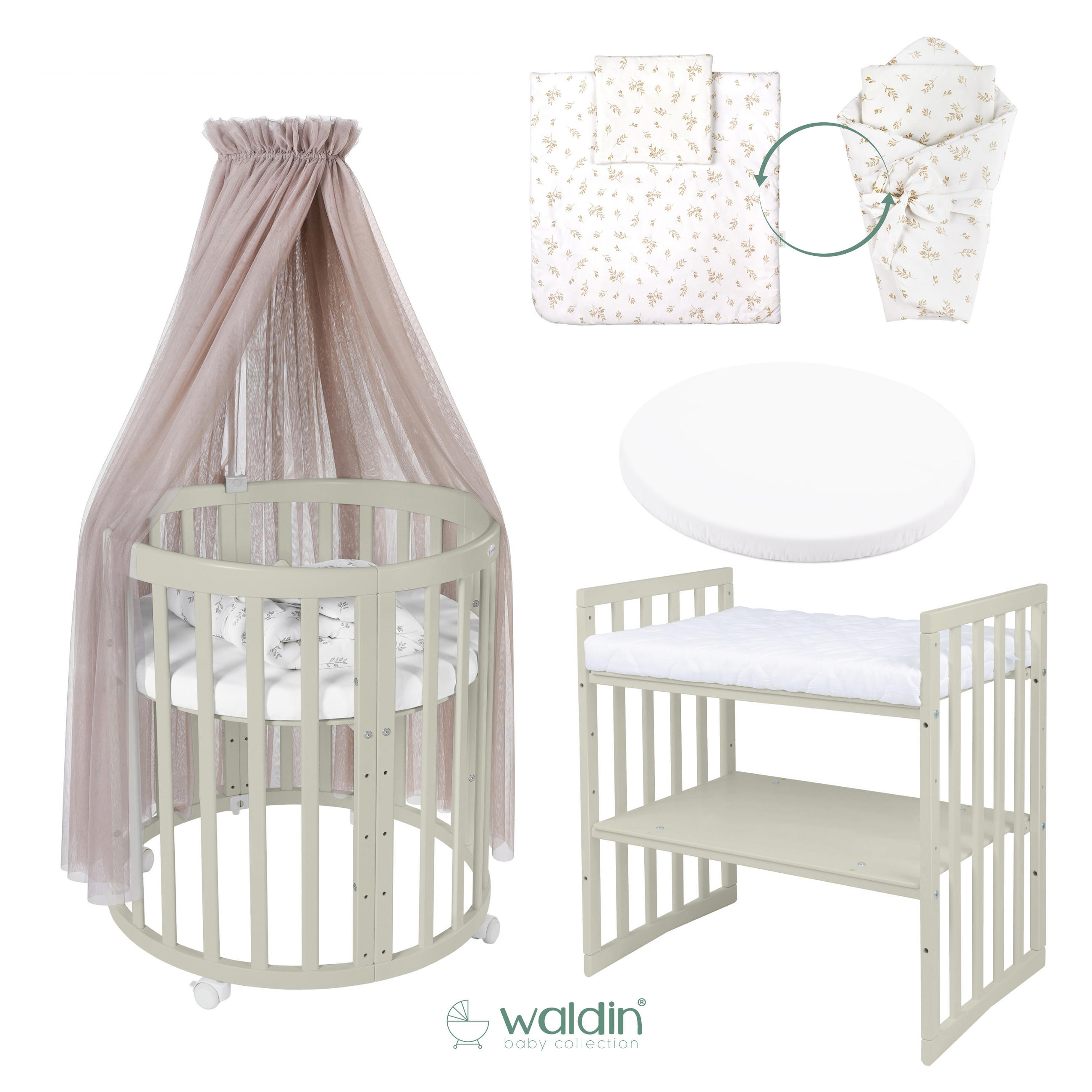 BABYBETT OLIVE OVAL 7in1 mit Matratze und Himmelset - Taupe/Olivgrün, Holz/Textil