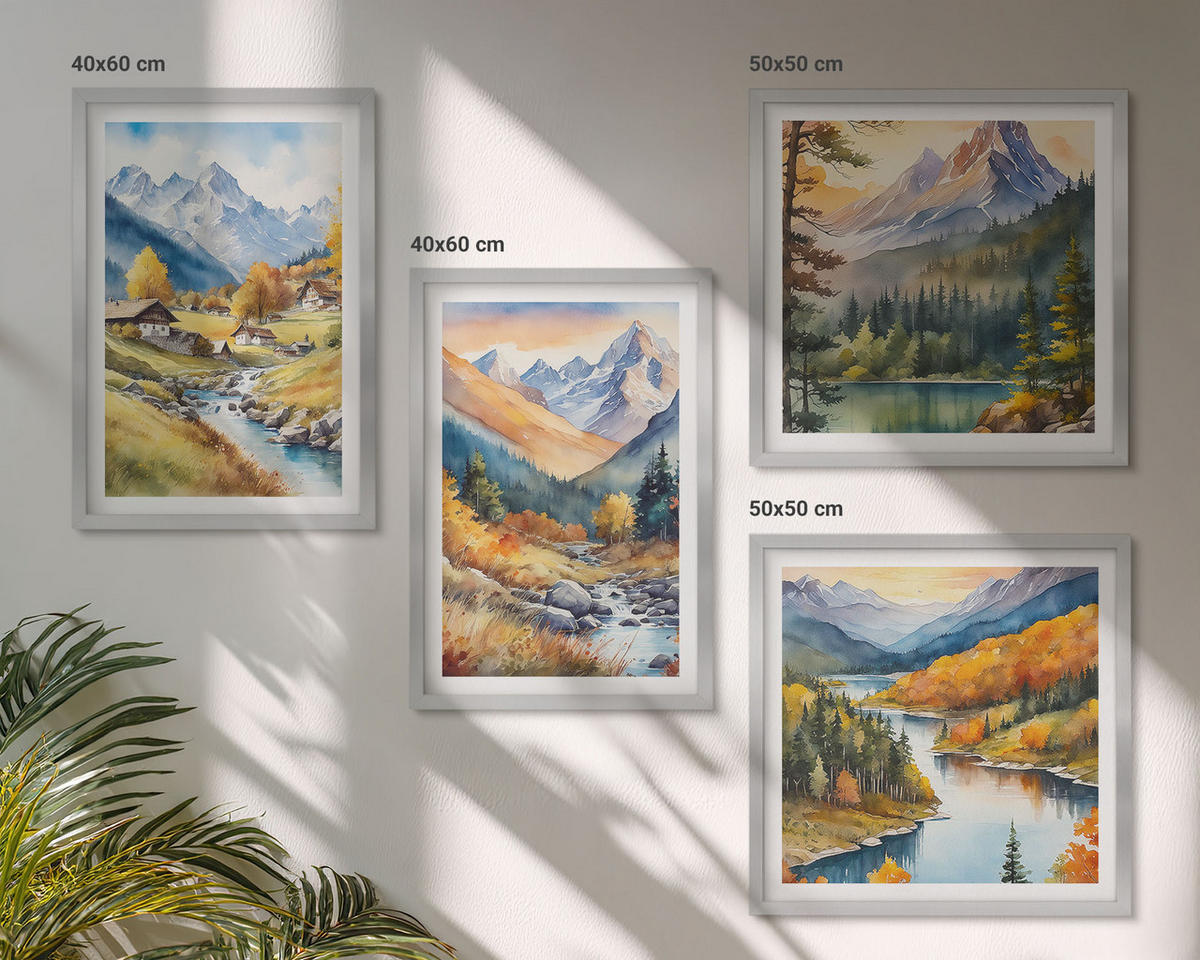 BILDER SET 4er Set - 50x50 cm & 40x60 cm Silberner Rahmen - Berglandschaft, Flusshütten - Silberfarben, Kunststoff (50/50cm) - TULUP