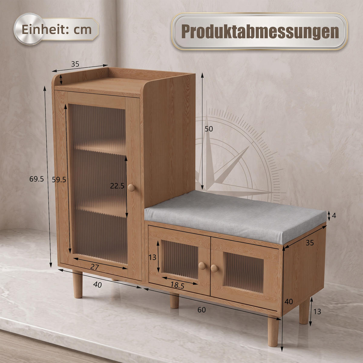 SCHUHSCHRANK mit Sitzbank, 3 Türen, verstellbare Einlegeböden, 100 x 35 x 90 cm, Hellbraun - Hellbraun, Holz/Metall (35/90/100cm) - GENKI LIVING