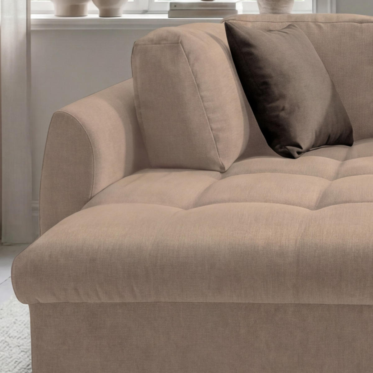 ECKSOFA mit Schlaffunktion, Wellenunterfederung, Ottomane links B250/T190/H84 cm, Liegefl. 179x190 cm, Mikrofaser Hellbraun / 17012 - Hellbraun/Chromfarben, Textil/Metall (250/190cm) - luma-home