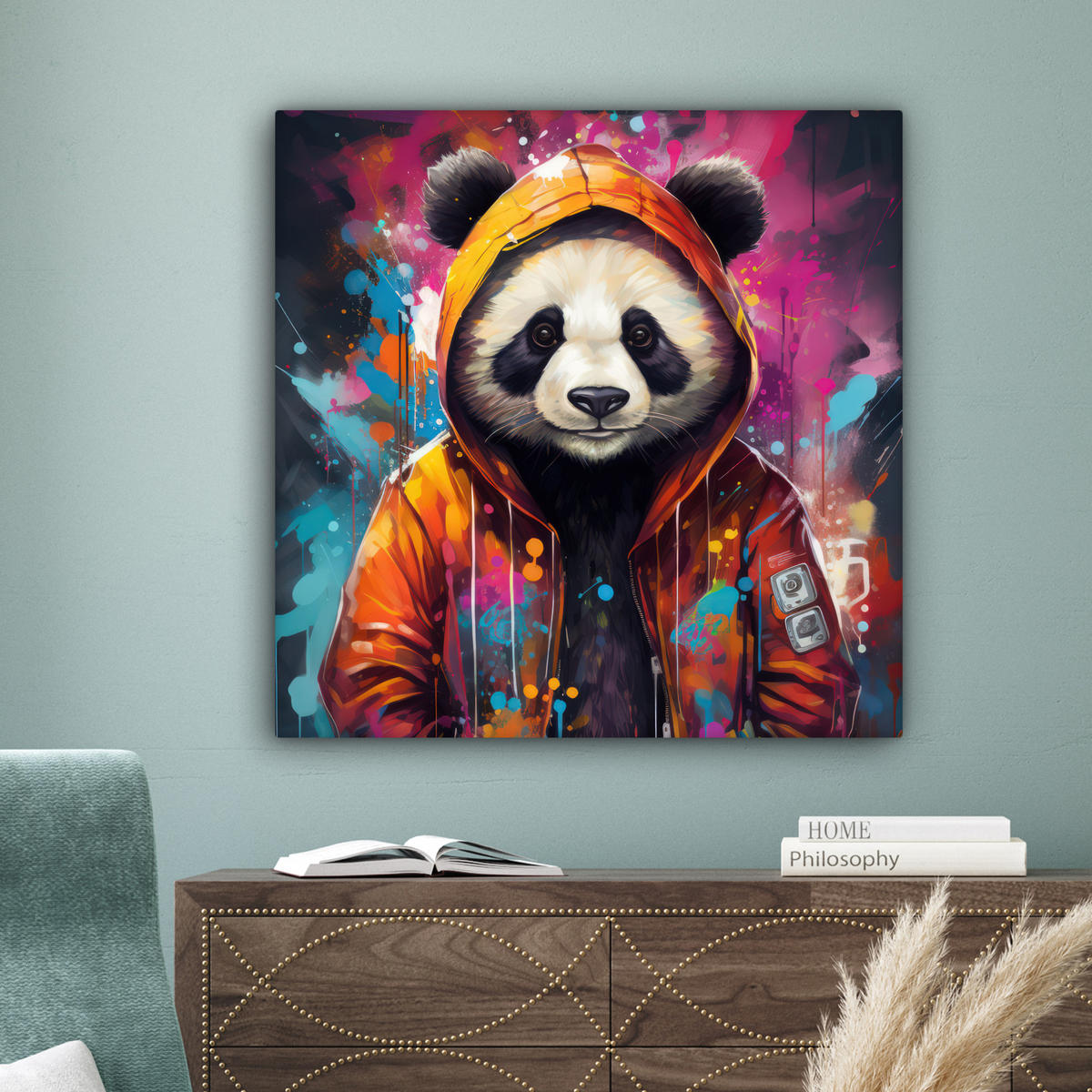 LEINWANDBILD Panda - Jacke - Graffiti - Orange Deko Groß 90x90 cm - Orange, Textil (90/90cm) - MuchoWow