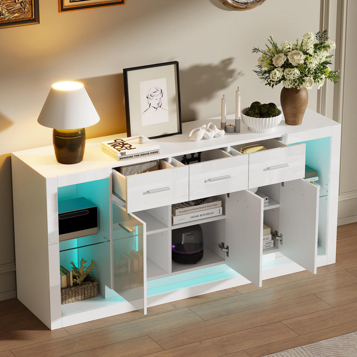 KOMODA 160x40x75 cm Bijela LED 3 ladice - bijela, drvni materijal (40/75/160cm) - FLIEKS