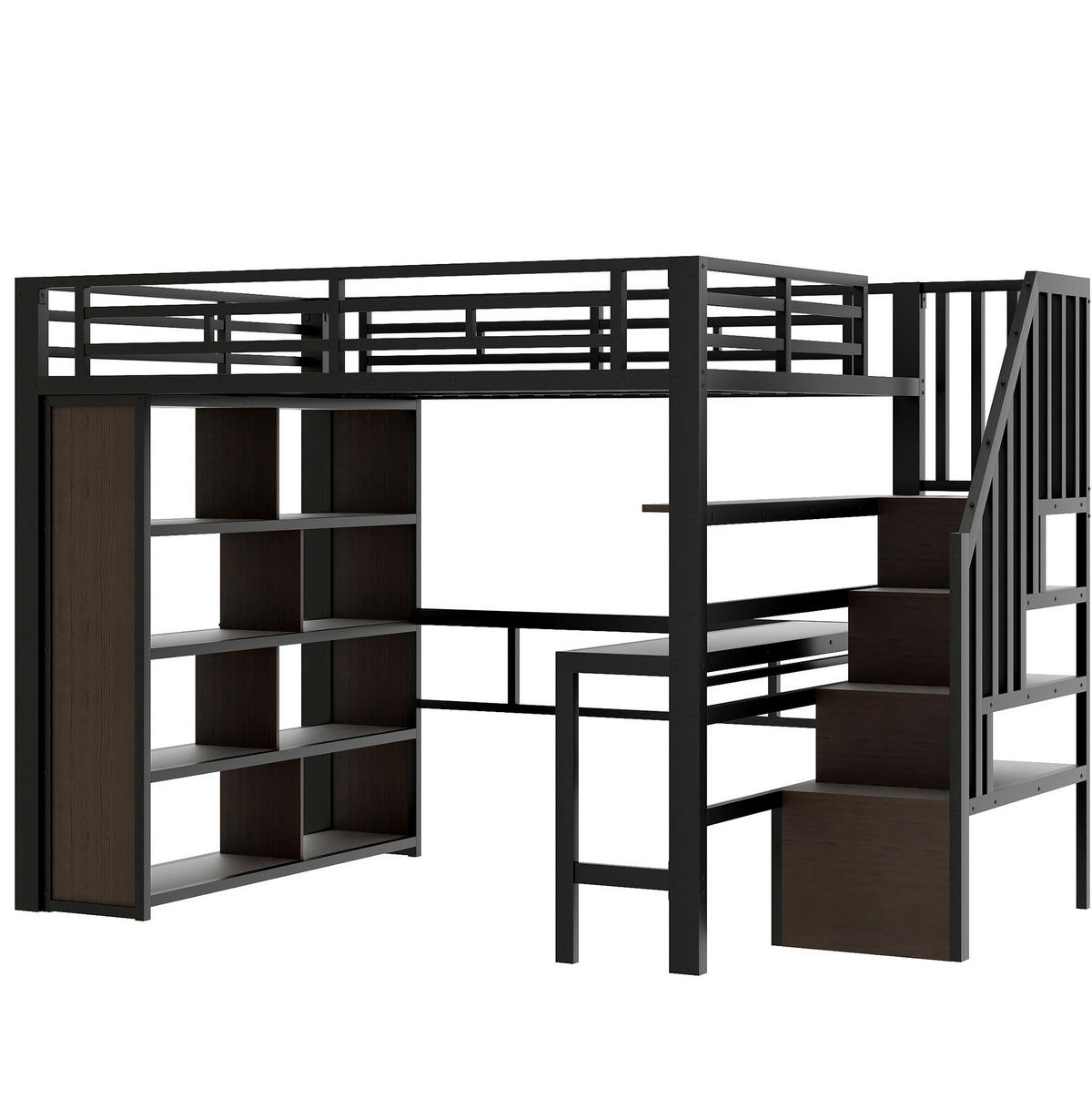 HOCHBETT aus Metall und MDF 140x200 cm Schwarz mit Schreibtisch, LED-Lichtleiste und Treppe mit Stauraum - Schwarz, Metall (140/200cm) - Modfu