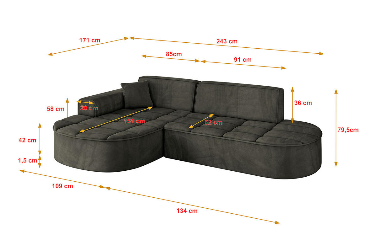 ECKSOFA Ottomane Links TARO-L1 - 243x171x79,5 cm Schwarz - Schwarz, Holzwerkstoff/Textil (243/171cm) - ALTDECOR