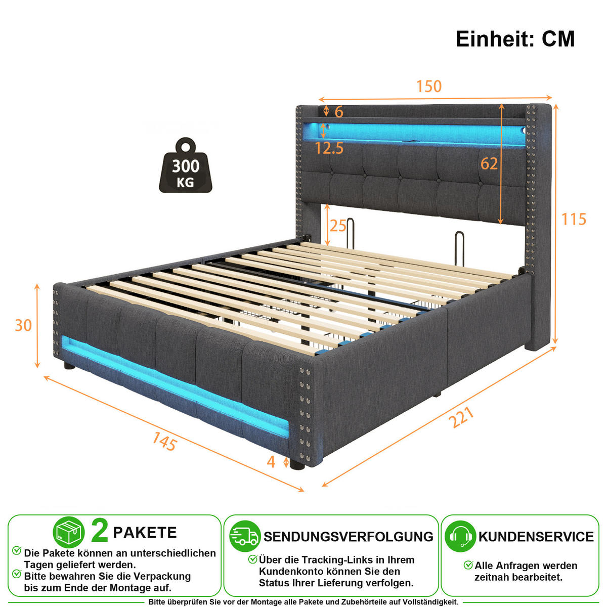 ČALOUNĚNÁ POSTEL 140/200 cm v šedé barvě s LED osvětlením, USB a zásuvkami - šedá, kov/kompozitní dřevo (140/200cm) - CHICFURN
