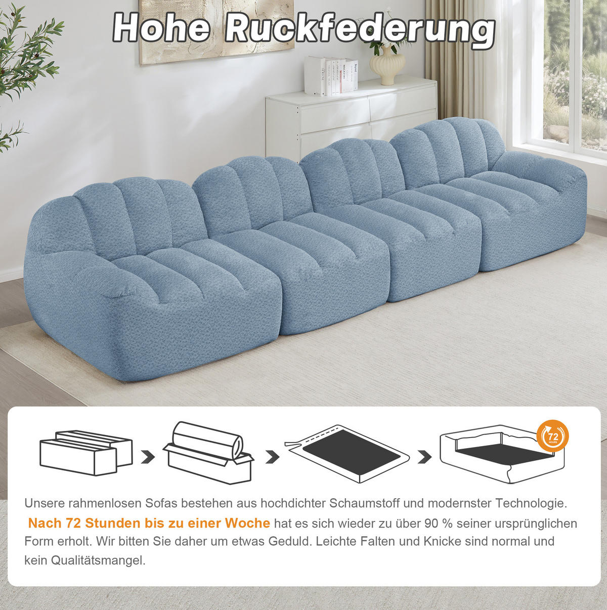 MODULARES 4-Sitzer-Sofa aus granuliertem Fleece mit ergonomischer Muschelform Blau - Blau, Textil (104/79/366cm) - Modenvie