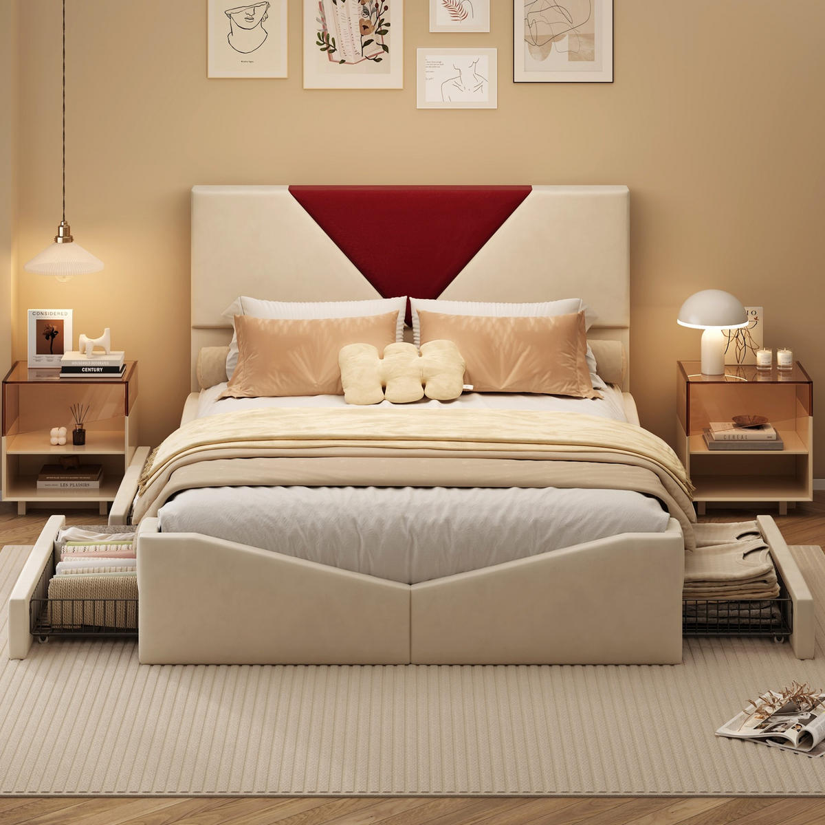 POLSTERBETT 140x200 cm - Zweifarbiges Kopfteil in Bordeaux, Einstellbare LED-Beleuchtung, 4 Schubladen, Samtstoff - Beige - Beige, Holzwerkstoff (140/200cm) - Brevoria