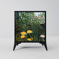 SIDEBOARD VIRGIN FOREST WITH SUNSET, Schwarz, 57,5x42x70,5 cm, Schwarze Metall-Sternfüße - Multicolor/Schwarz, Holzwerkstoff/Metall (57.5/70.5/42cm) - SpaceRebels