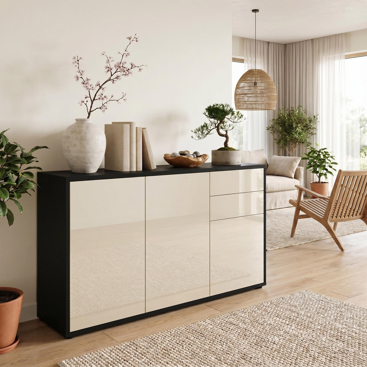 KOMMODE Ben Front in Creme Hochglanz - Creme, Holzwerkstoff (117/74/36cm) - Vladon
