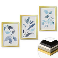 WANDBILDER 3er Set - 20x30 cm Goldrahmen - Aquarell von blauen Blättern - Goldfarben, Kunststoff (20/30cm) - ArtPrintCave