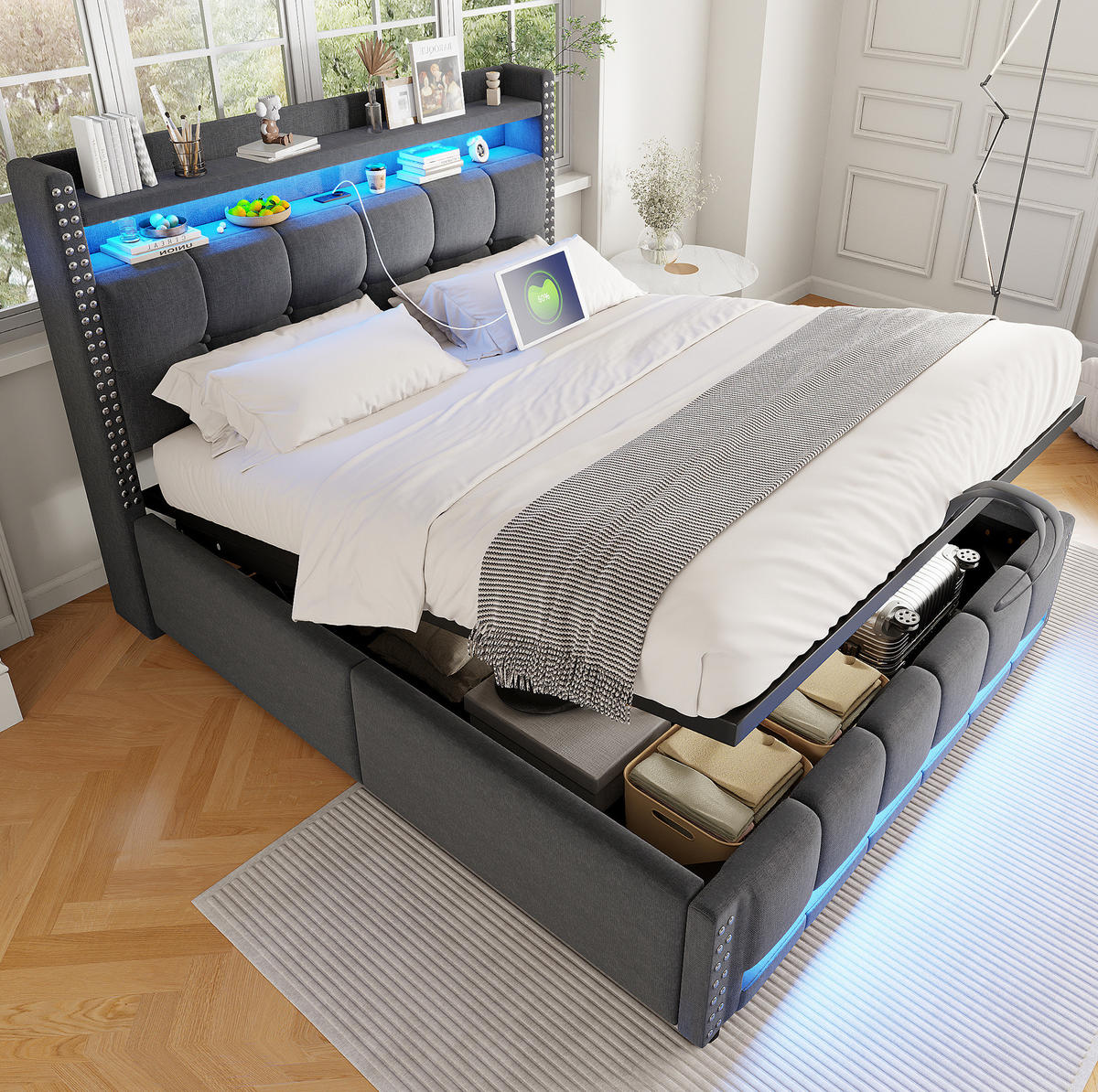 POLSTERBETT 140/200 cm mit Bettkasten, LED-Beleuchtung und USB-Anschluss - Grau, Textil (140/200cm) - BEAOK
