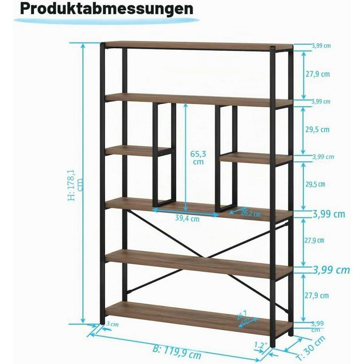 BÜCHERREGAL 180 cm Helles Holz Metall - Braun, Metall (120/178/30cm)