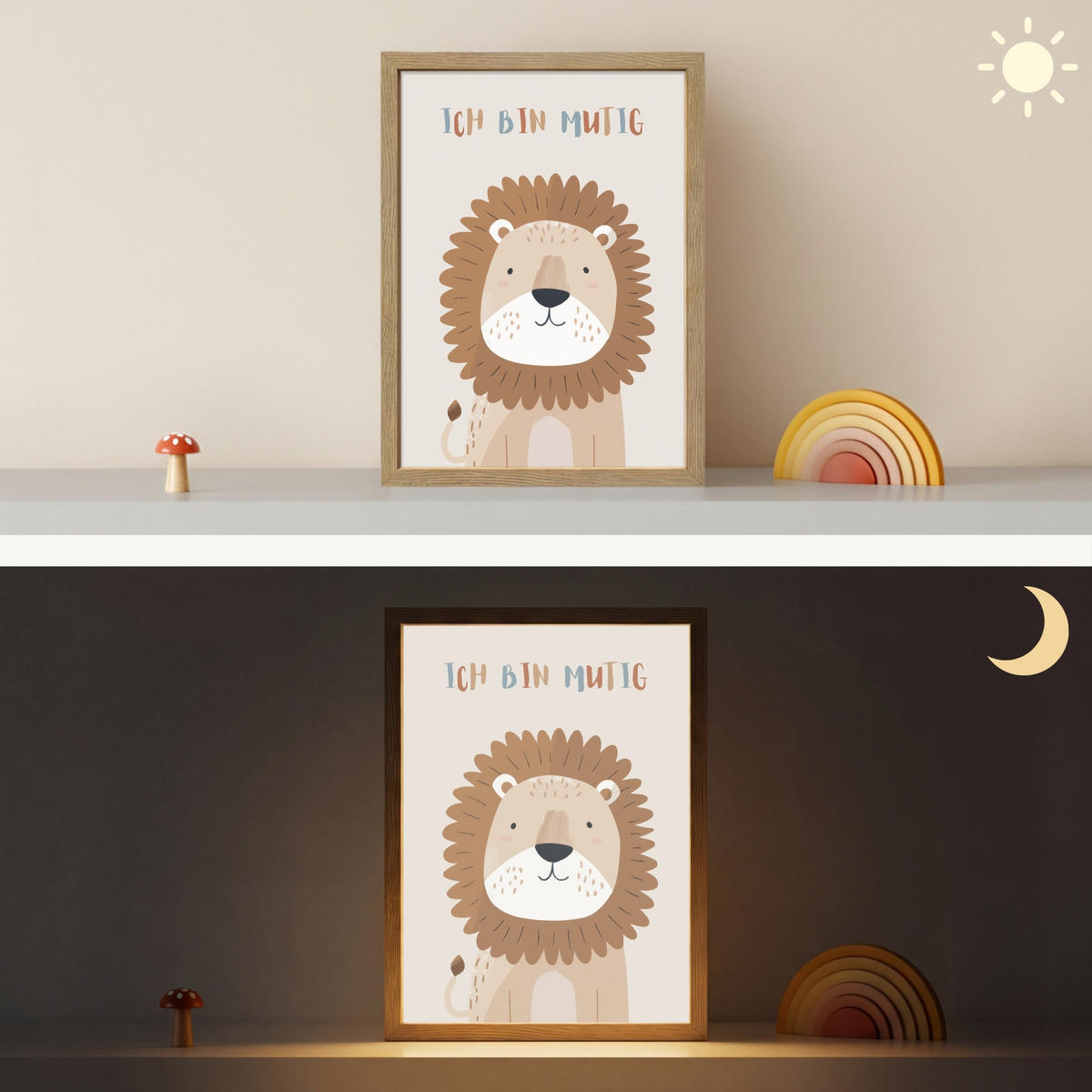 WANDLEUCHTE MIT AKKU Löwe - Beige - Tier - Mutig - Zitat 30x40 cm - Beige, Holzwerkstoff (30/40/8cm) - OnlyWow